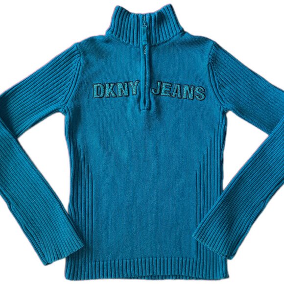 DKNY Jeans | Vintage Peacock Blue ¼ Zip Logo Mock Neck Sweater | M - Picture 2 of 9